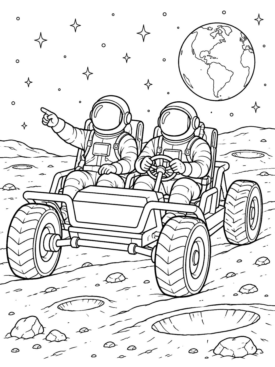 Two suited astronauts riding a lunar rover across the cratered moon, with Earth and stars above, in a black-and-white coloring page.