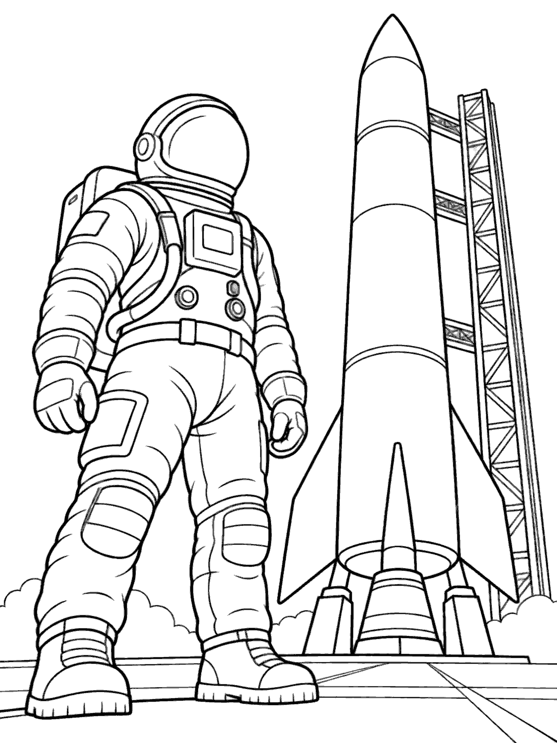 Black-outline coloring page of an astronaut beside a tall rocket on a launch pad.