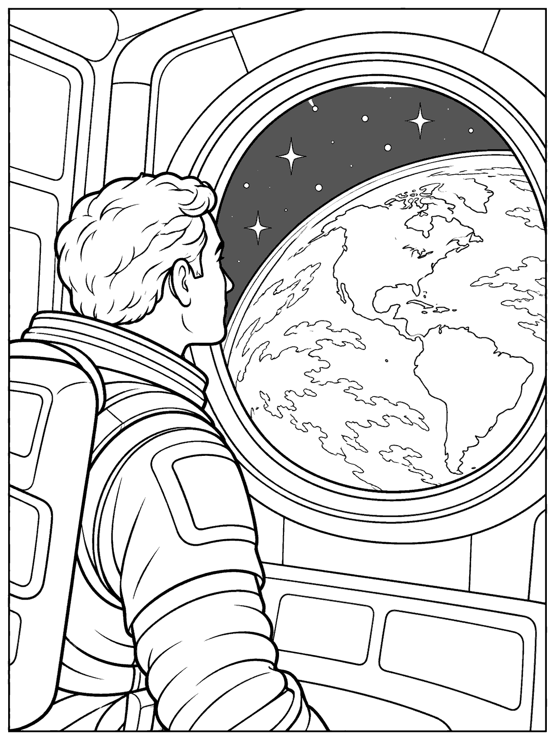 Astronaut looking out a space station window coloring page
