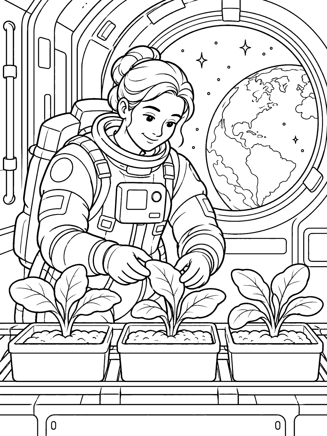 Black-outline coloring page of an astronaut tending three seedlings in planters, with Earth visible through a habitat window.