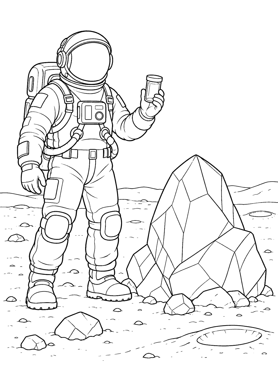 Astronaut discovering a moon rock coloring page