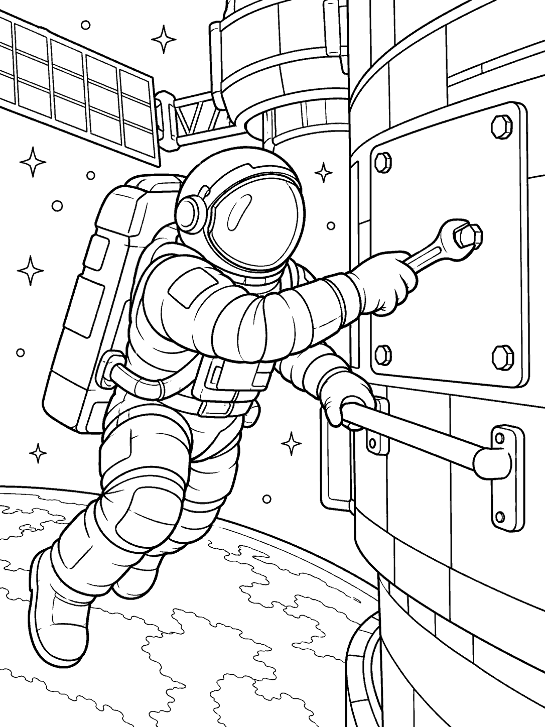 Astronaut using a wrench to repair a space station panel in a black-outline coloring page.