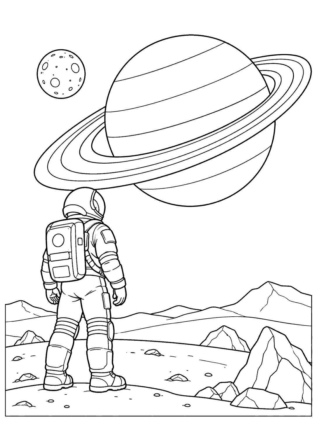 Astronaut exploring a ringed planet coloring page