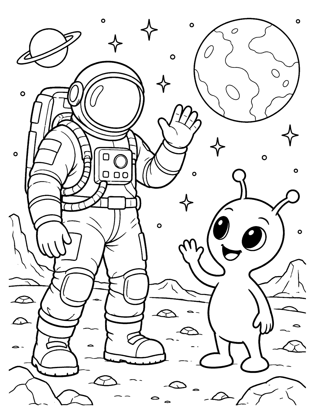 Black-and-white coloring page showing a suited astronaut and a smiling, two-antenna alien waving to each other on a rocky moon beneath a planet and stars.