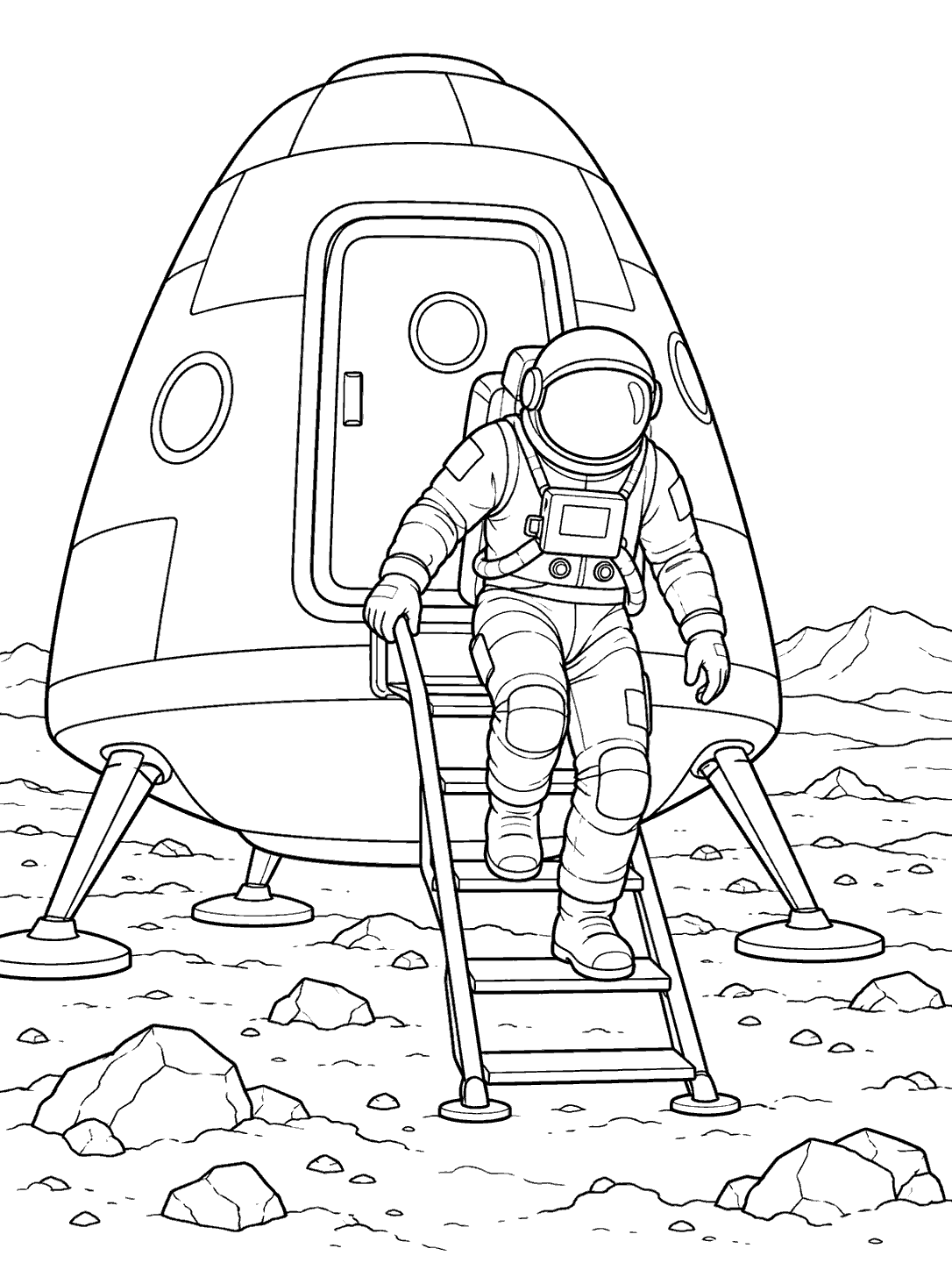 Astronaut stepping down a ladder from a landed space capsule coloring page