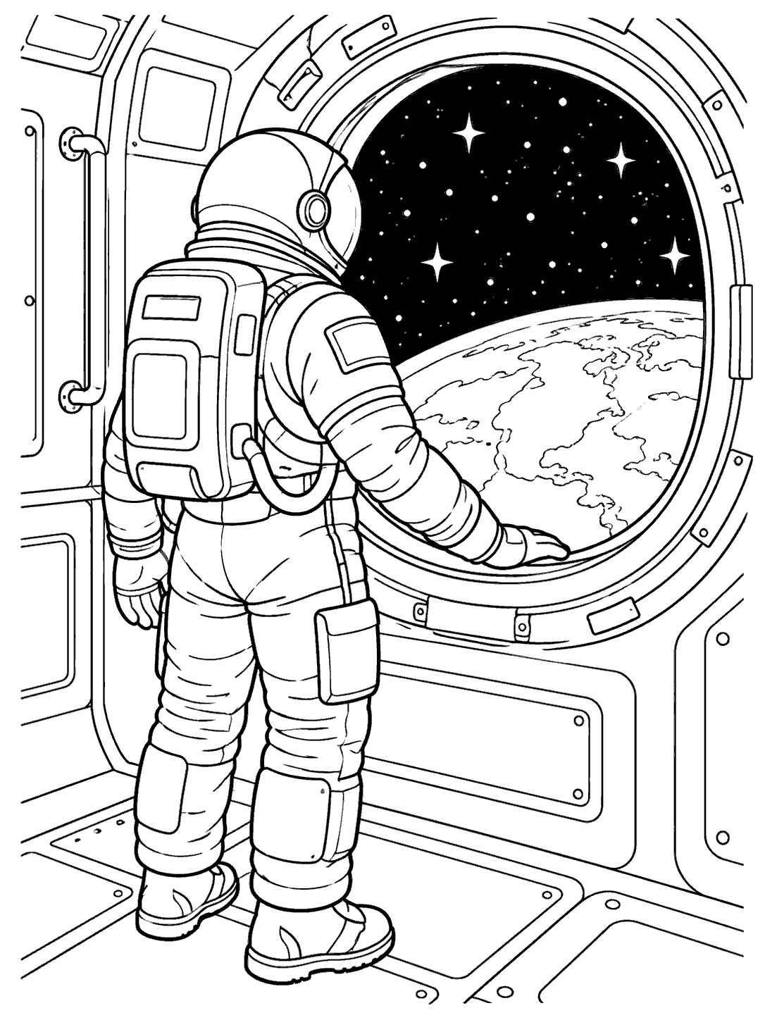 Astronaut at a round space station hatch looking out at Earth and stars, black-and-white coloring page
