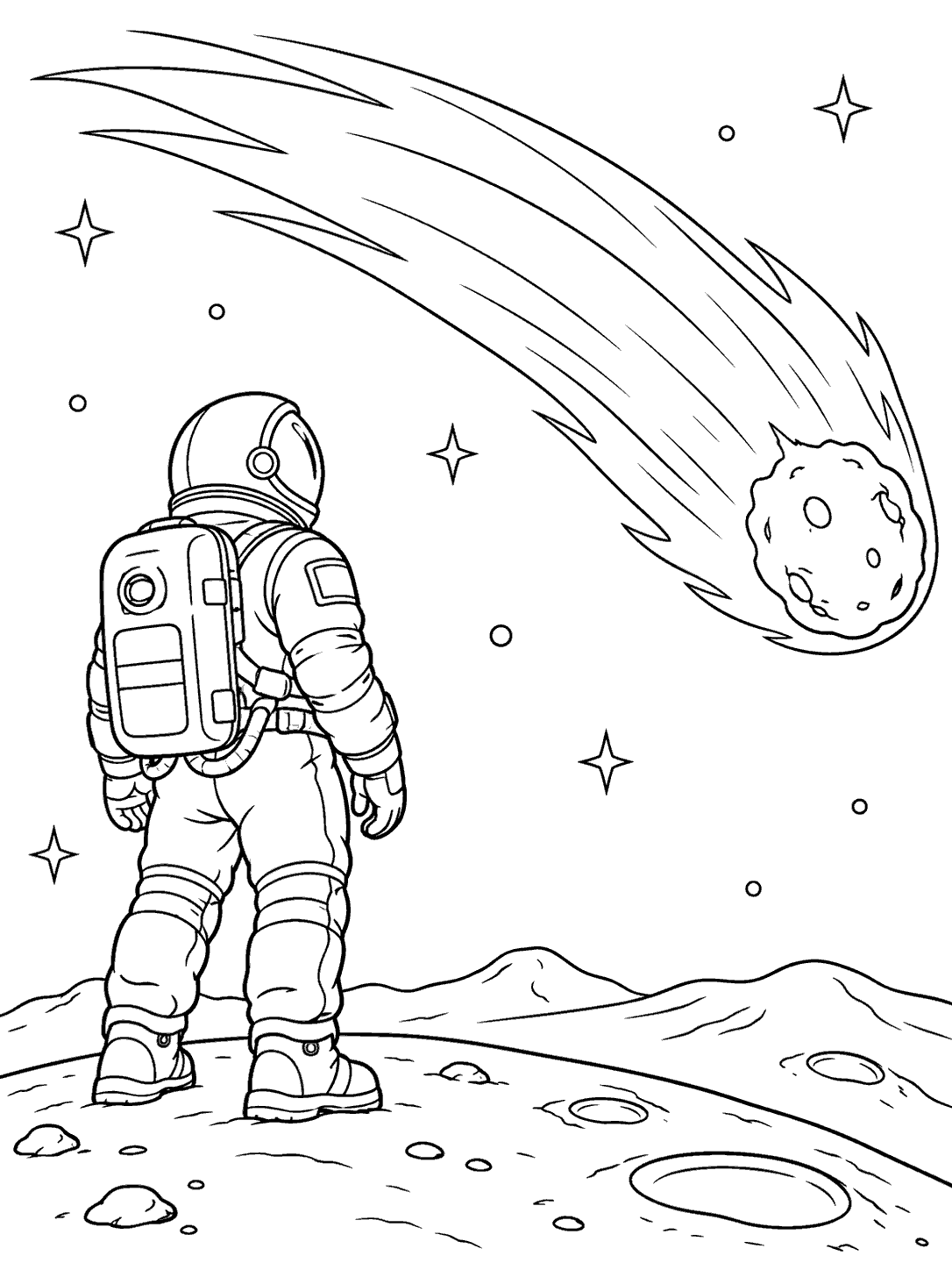 Astronaut observing a comet on a printable coloring page