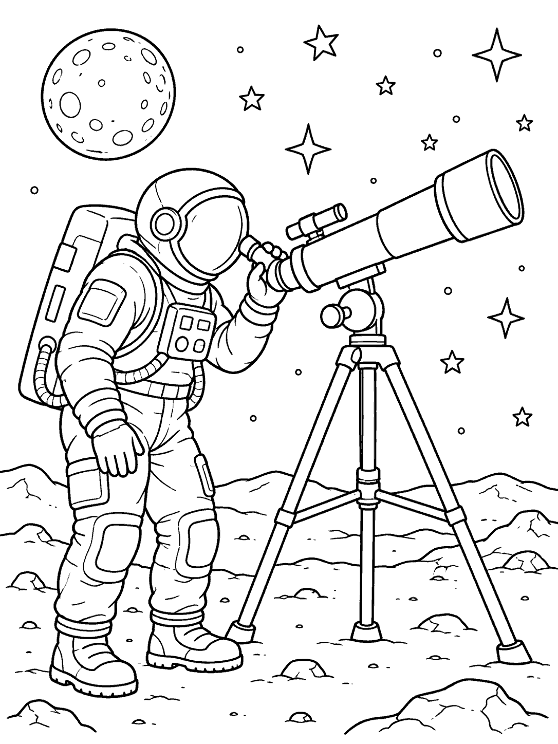 Astronaut beside a tripod-mounted telescope under stars and a cratered moon coloring page