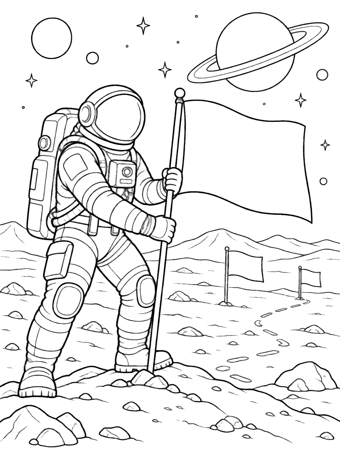 Astronaut placing a blank flag on a moonlike landscape, with two smaller flags, low hills, and a ringed planet in this coloring page.