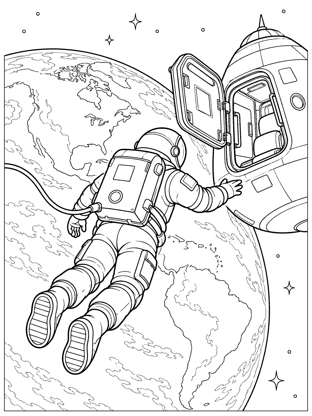Black-outline coloring page showing an astronaut floating toward an open space capsule with Earth and stars behind.