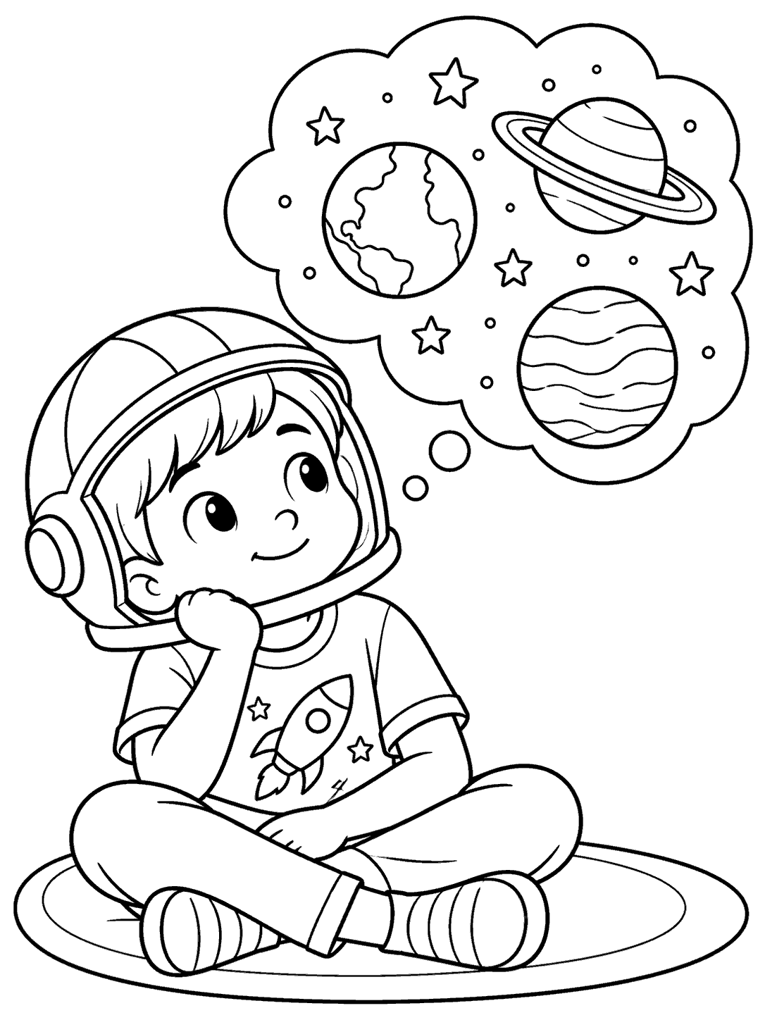Child wearing an astronaut shirt and toy helmet, gazing at a thought bubble with planets and stars on a coloring page.