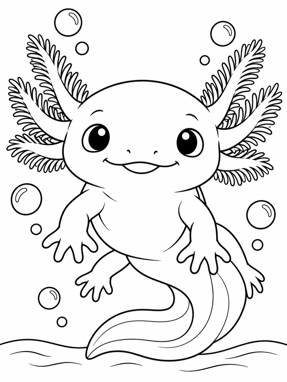 A smiling axolotl with feathery gills, spread paws, and a curling tail floats among bubbles above a curved waterline.