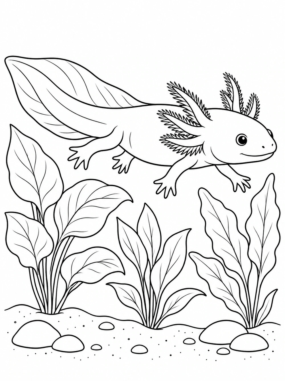 Side-facing axolotl swimming to the right among three broad-leaved underwater plants, above a sandy floor with scattered pebbles.