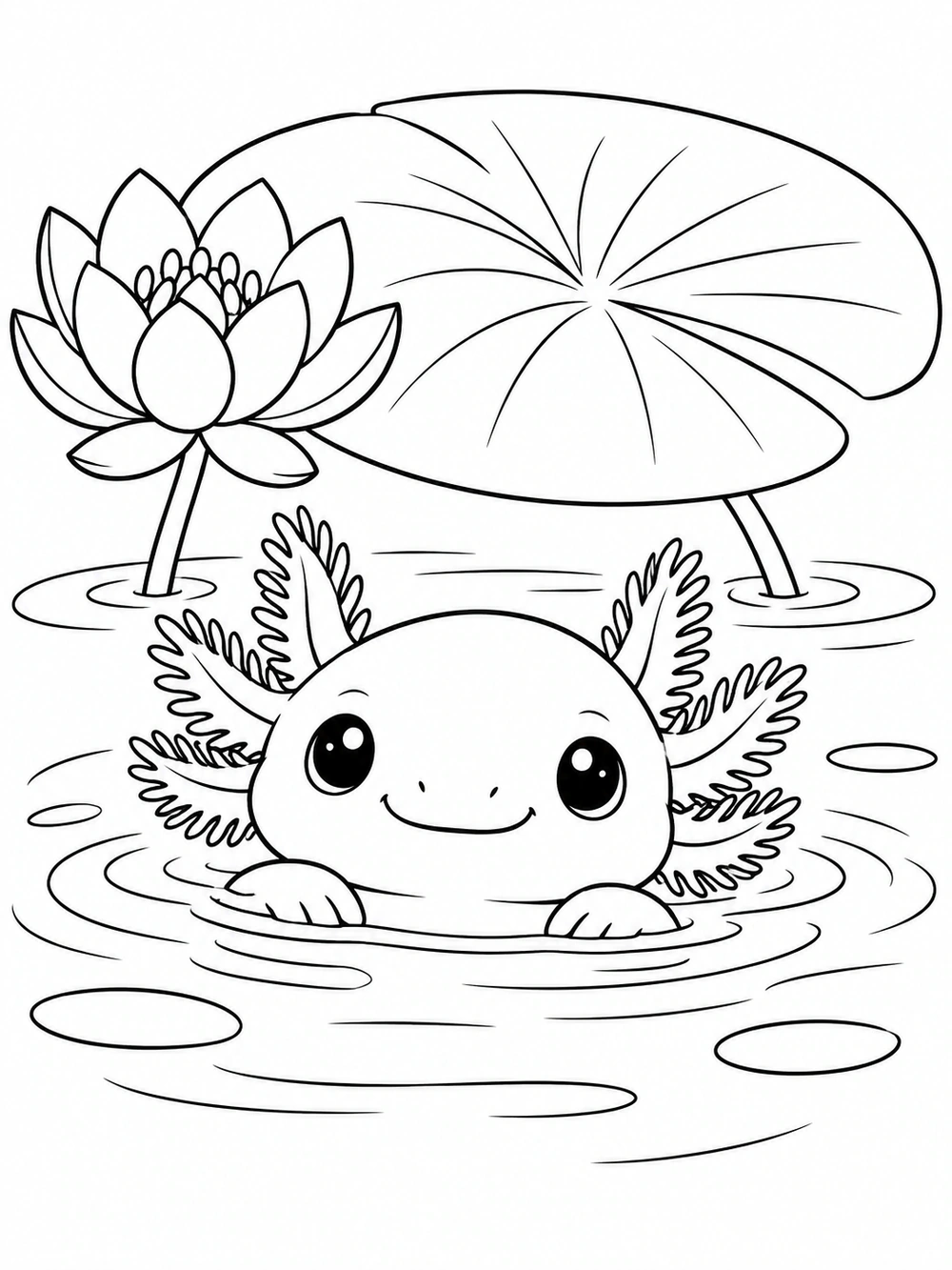 Round baby axolotl with delicate gills peeking from rippled pond water beside a large lily pad and flower