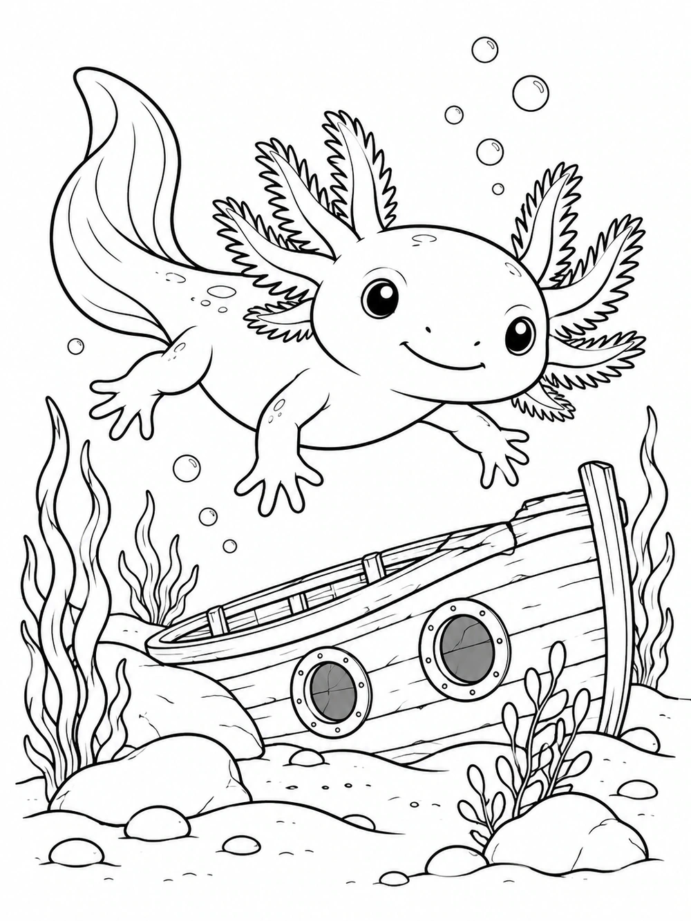 A smiling axolotl with feathery gills swims over an intact wooden rowboat with two portholes, surrounded by bubbles, rocks, and sea plants.