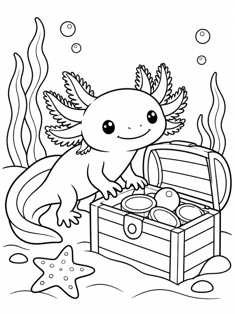 A smiling axolotl beside an open treasure chest with coins and a pearl, with a starfish and seaweed on the seabed.