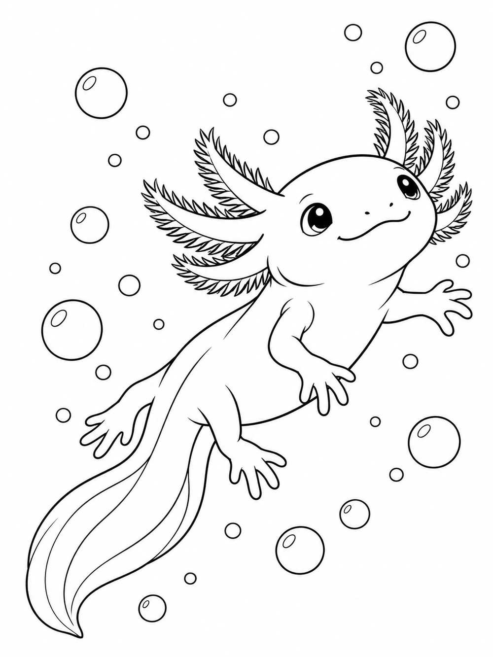 Full-body axolotl swimming diagonally upward among bubbles on a white coloring page.