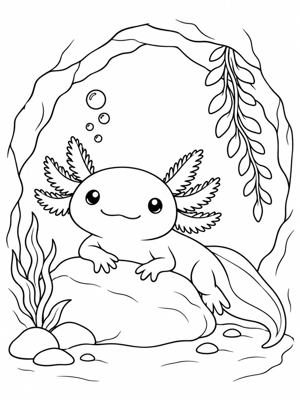 Axolotl resting on a rock inside a cave, with sea plants and bubbles