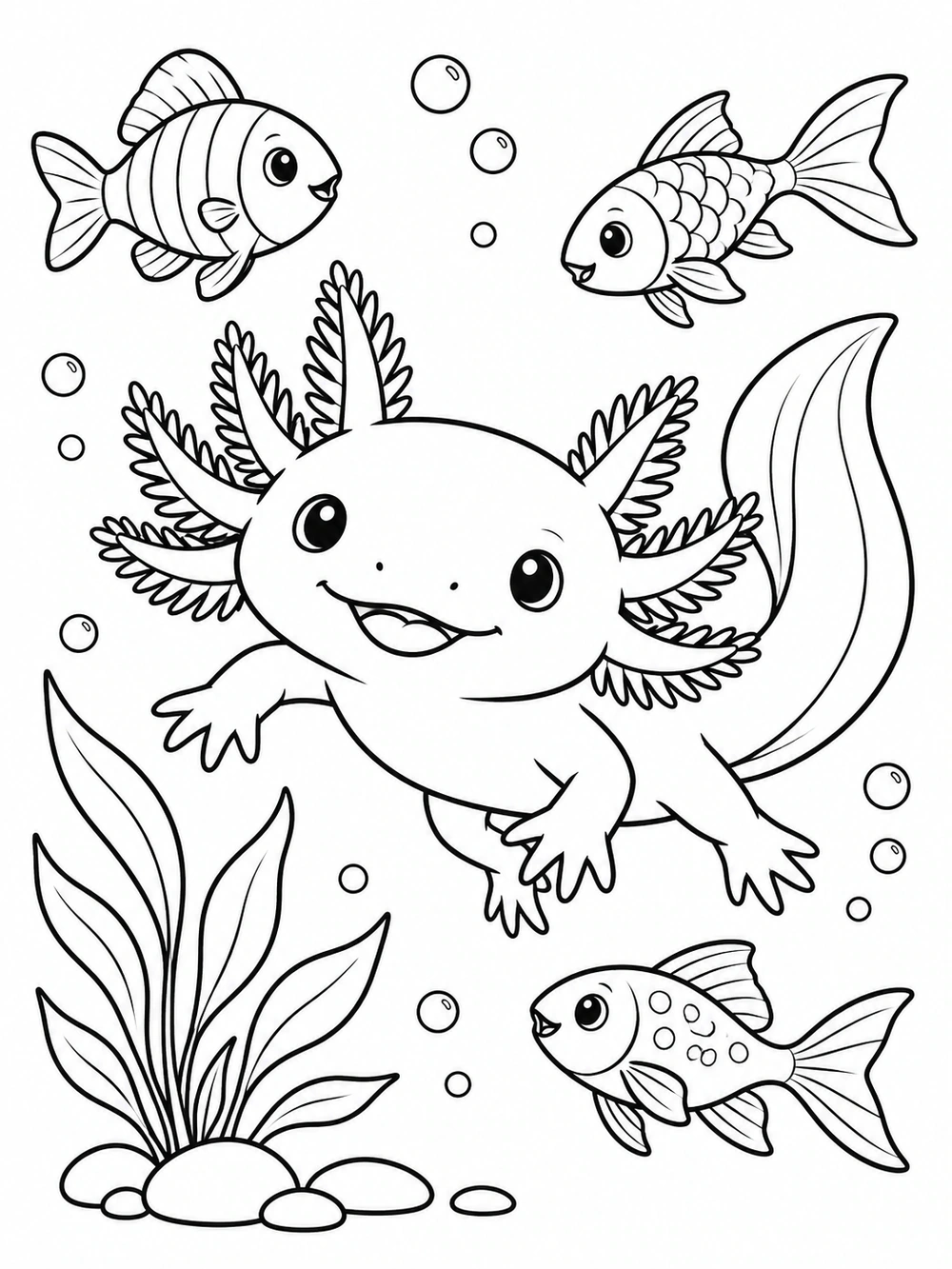 A smiling axolotl with feathery gills swims beside three fish, bubbles, and one aquatic plant in a black-and-white coloring page.