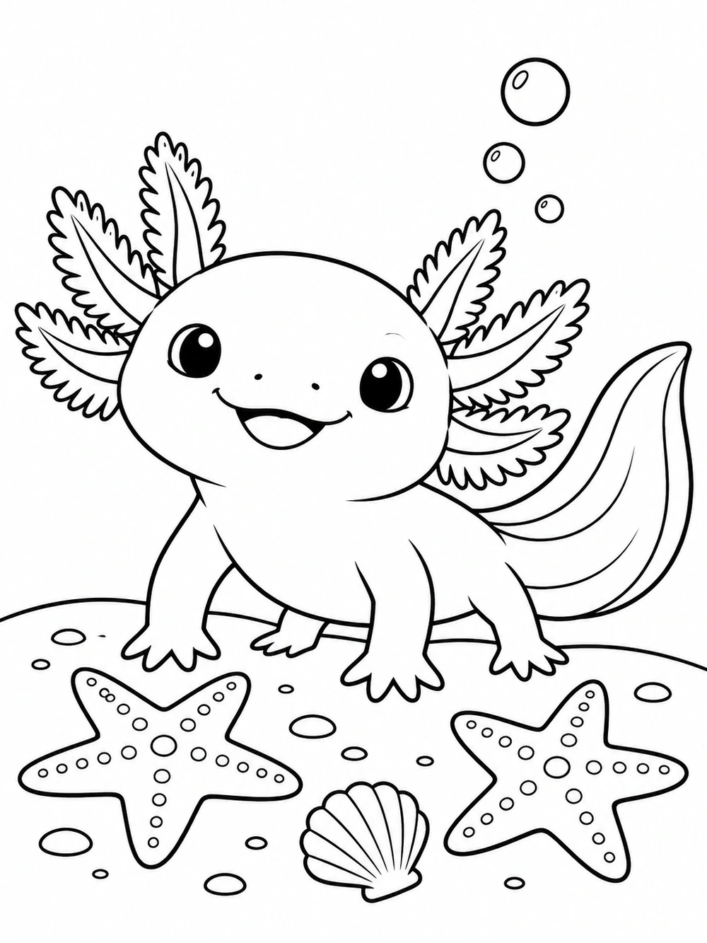 Axolotl with two starfish, a shell, and bubbles underwater