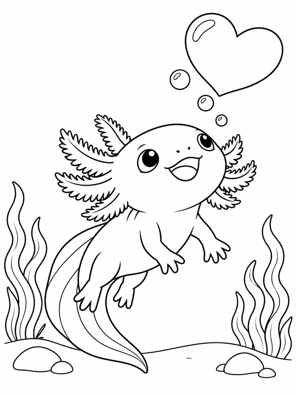 A smiling axolotl looking upward at one large heart-shaped bubble and three round bubbles, above a curved seabed.
