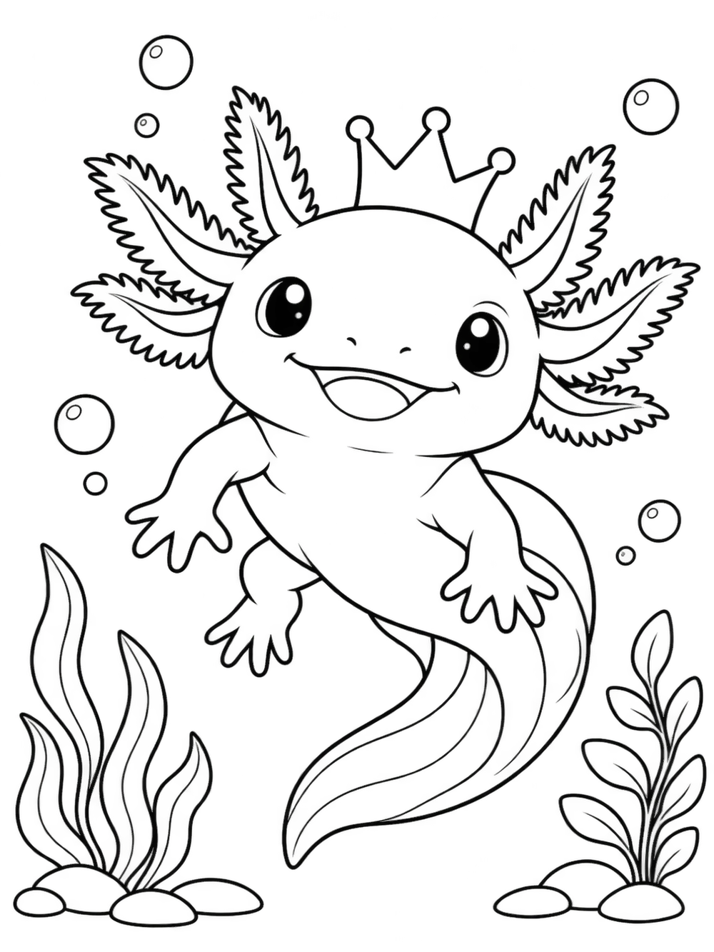 Full-body axolotl wearing a plain crown, surrounded by bubbles and sea plants.