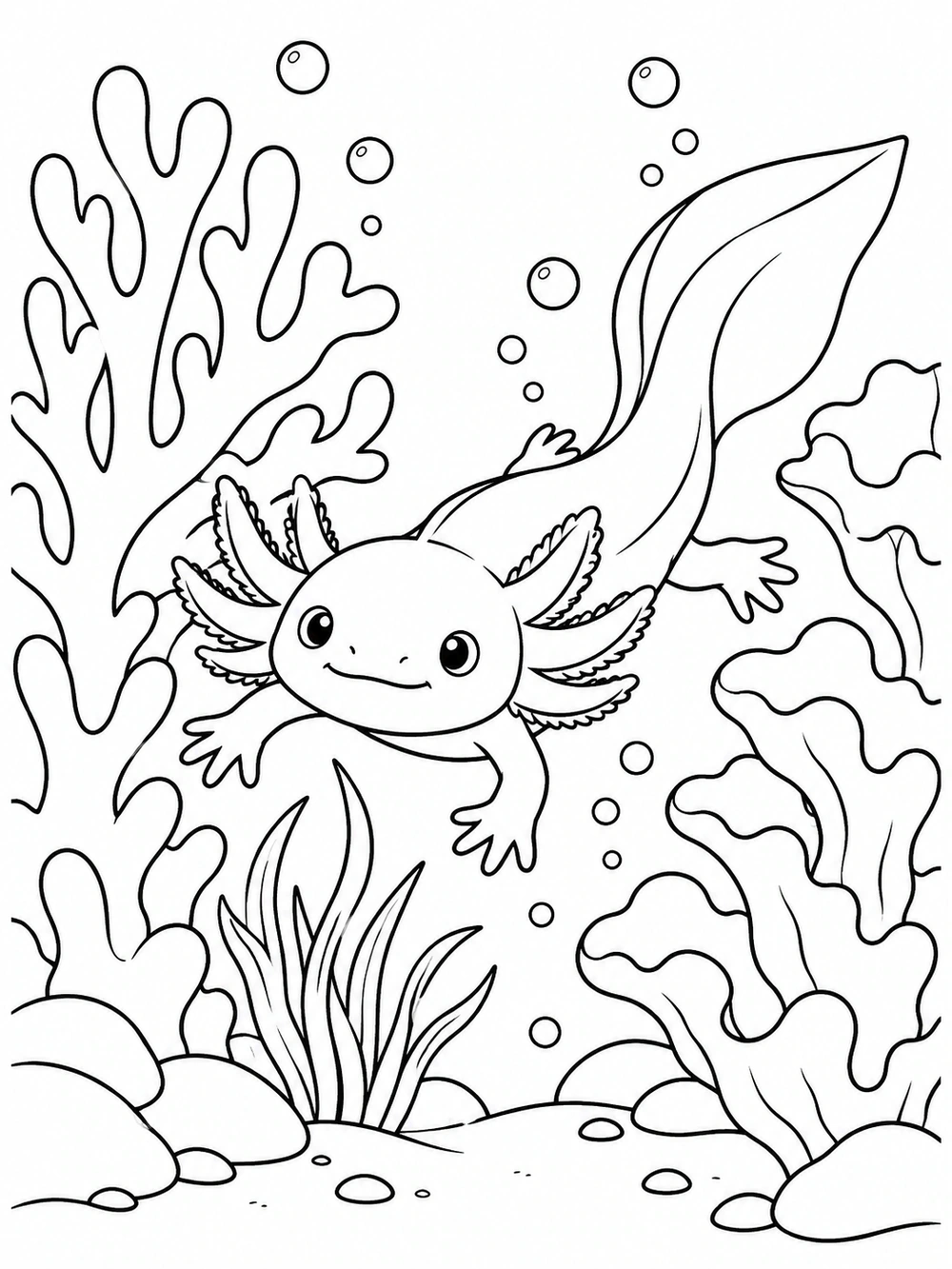 A smiling axolotl swimming between two large coral formations, with sea grass and bubbles below.