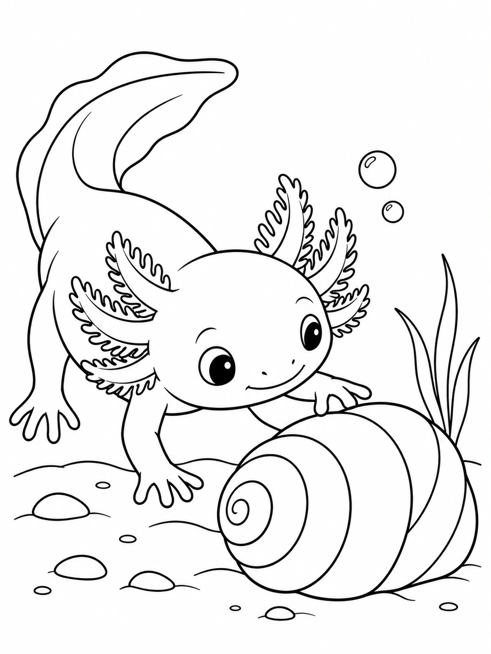 Curious axolotl beside a large spiral seashell, with bubbles and aquatic grass