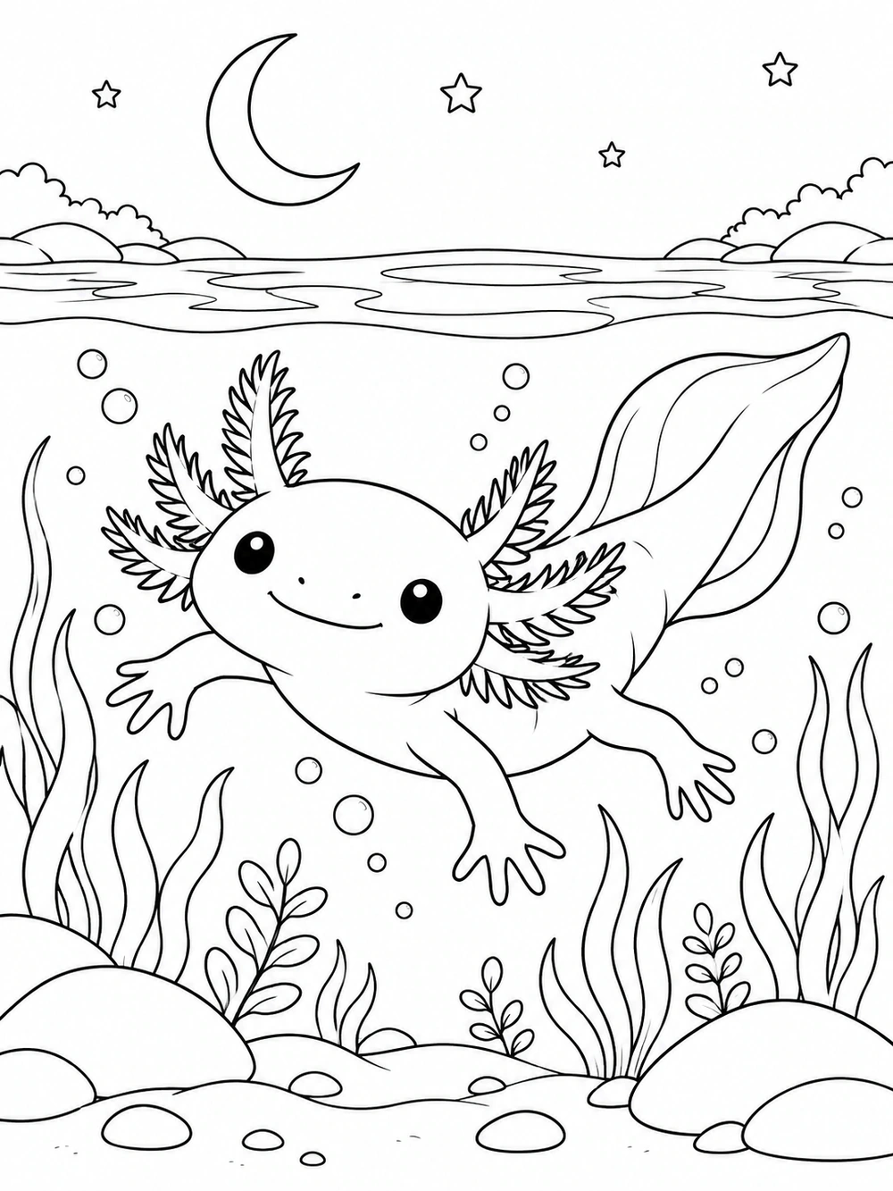 A smiling axolotl swims among bubbles and aquatic plants beneath a rippling water surface, with a crescent moon and stars in the sky.