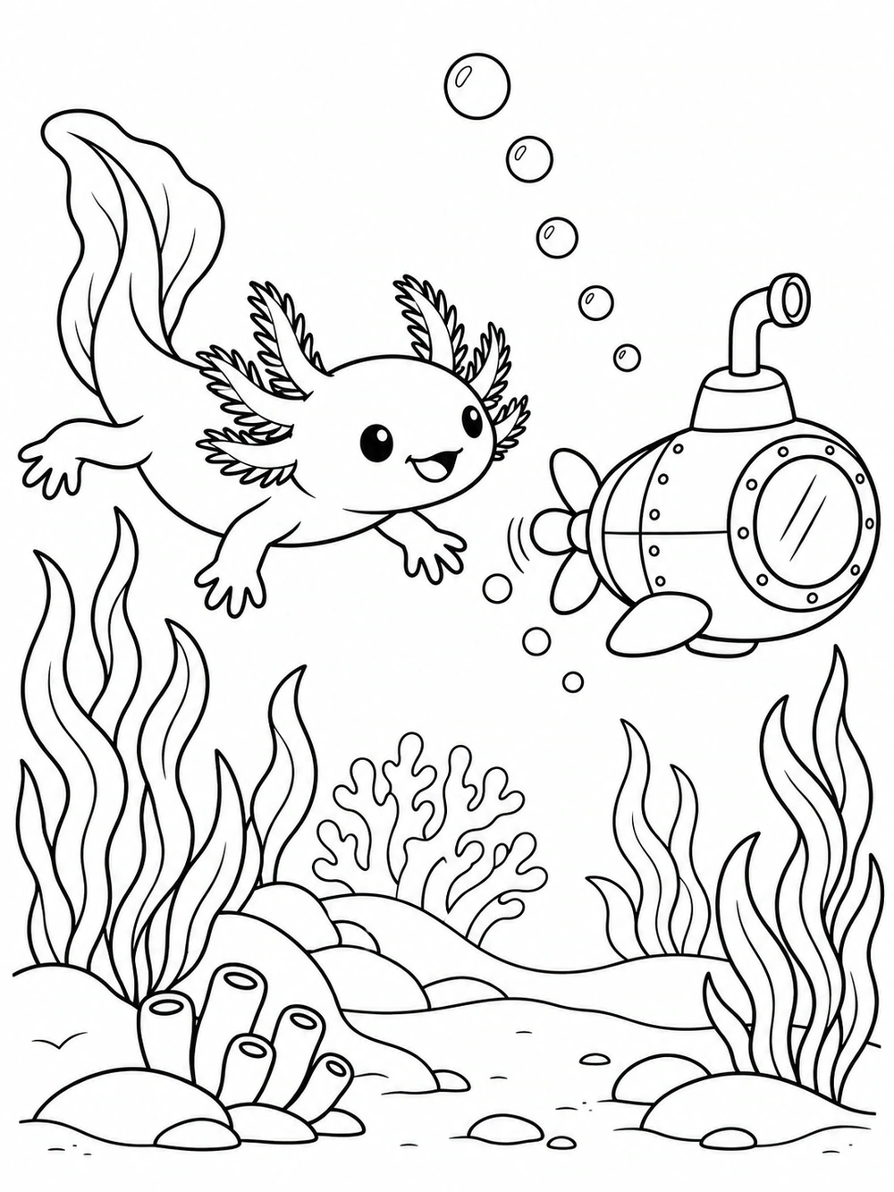An axolotl swims beside a rounded toy submarine with a window and propeller in an underwater scene with bubbles and sea plants.