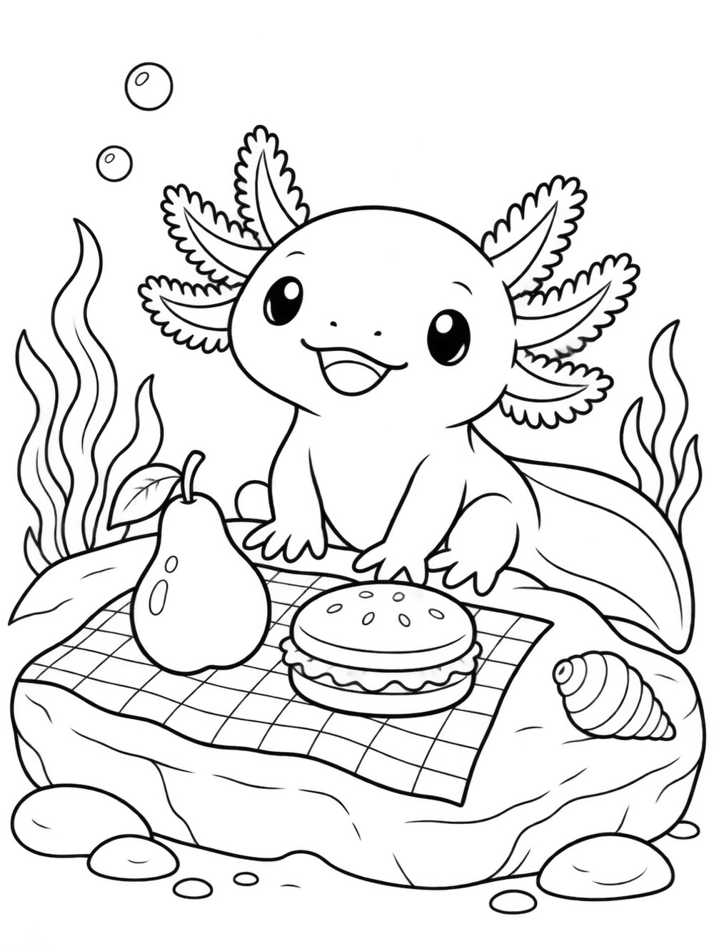 Seated axolotl beside a pear and round sandwich on a picnic cloth, with a shell and bubbles.