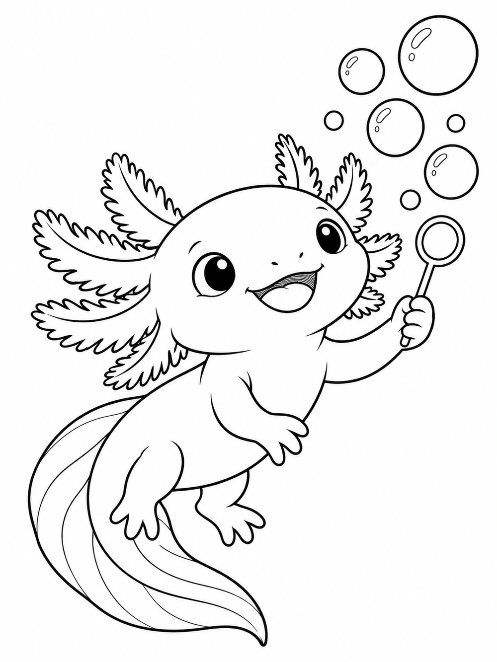 Black-and-white coloring page showing a smiling axolotl holding a ring-shaped bubble wand beneath floating bubbles.