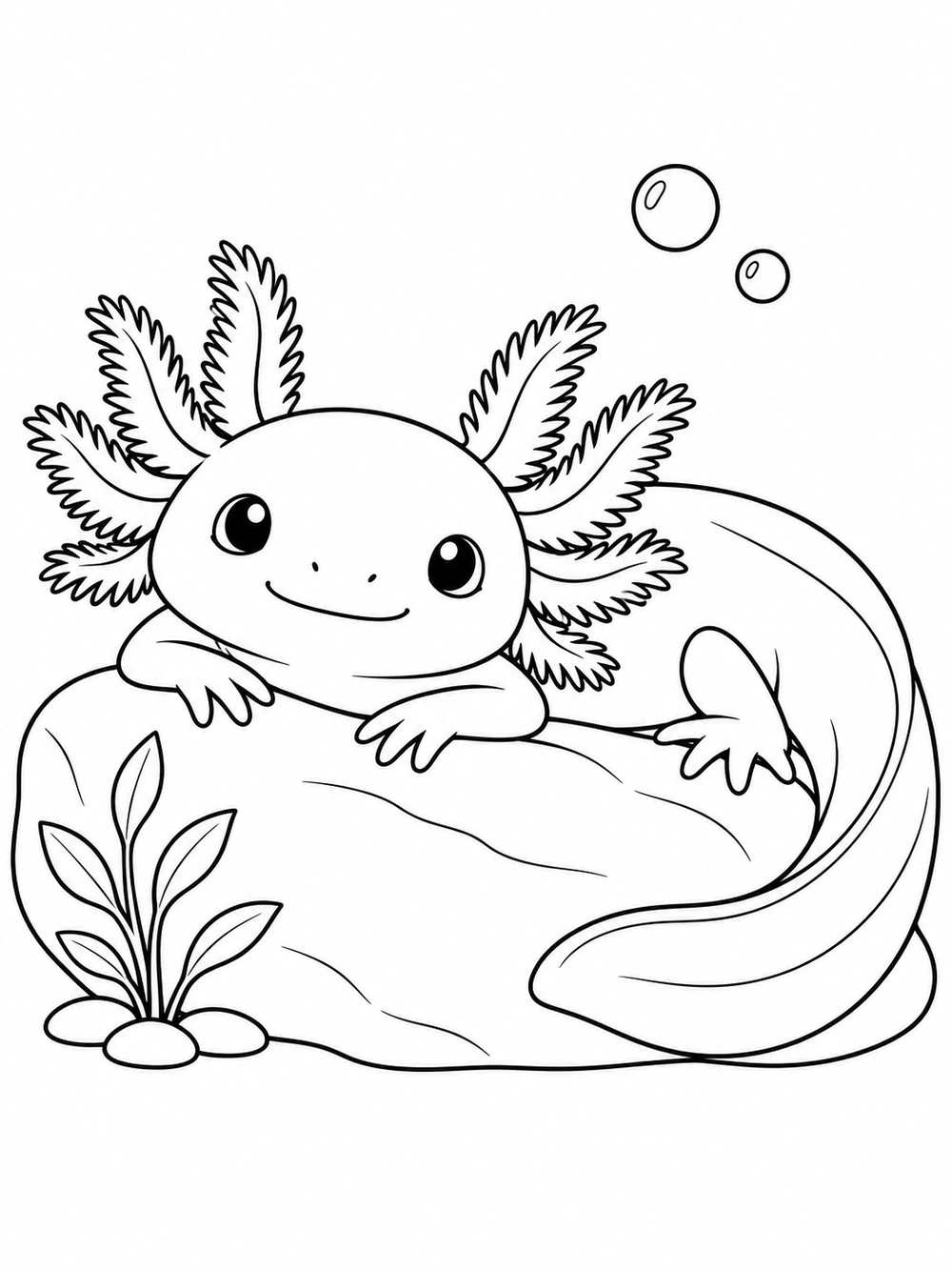 Axolotl resting on a smooth rock with fanned gills, a curled tail, a tiny aquatic plant, and two bubbles.