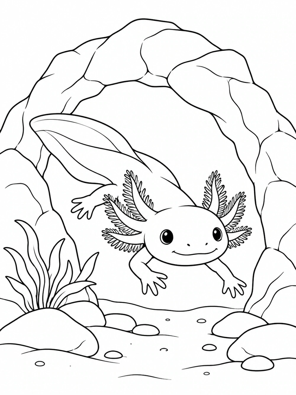 Black-and-white coloring page showing an axolotl swimming through a broad natural stone arch, with stones and one low plant on the seabed.