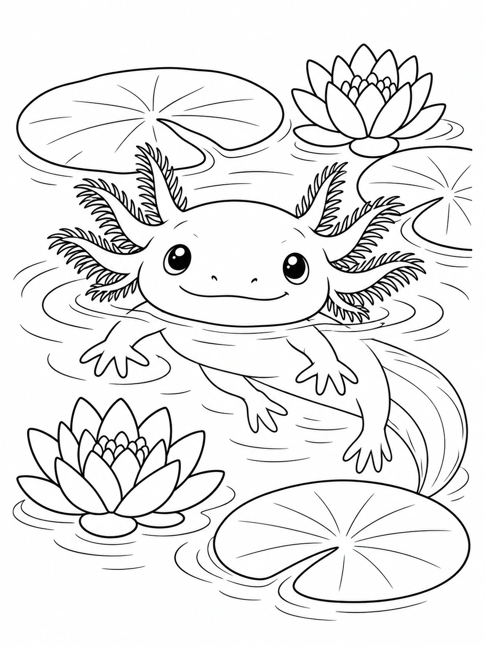 Black line art of a smiling axolotl with feathery gills floating among three lily pads and two water-lily blossoms, surrounded by gentle ripples.