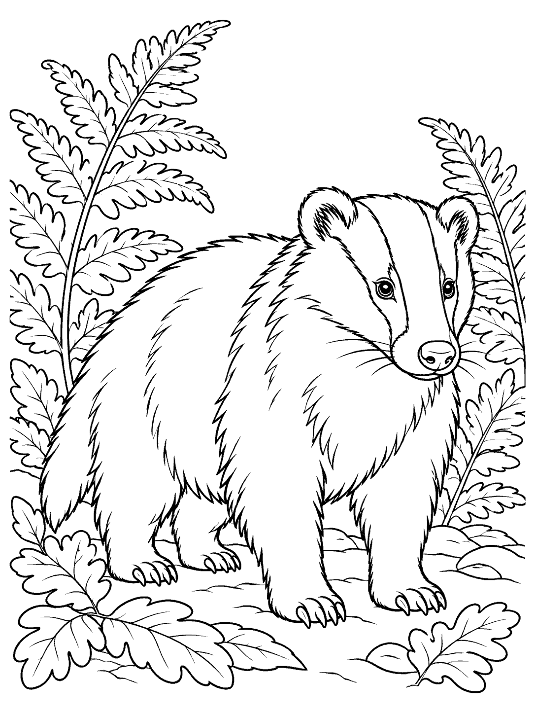 Black-outline European badger standing among large ferns and leaves on a white page