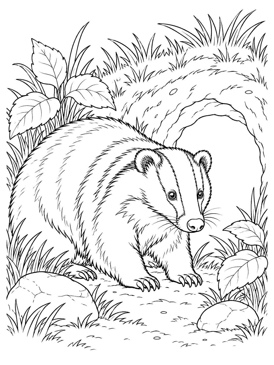 A striped badger crouches beside a large burrow entrance, surrounded by broad leaves, grass, and two stones.
