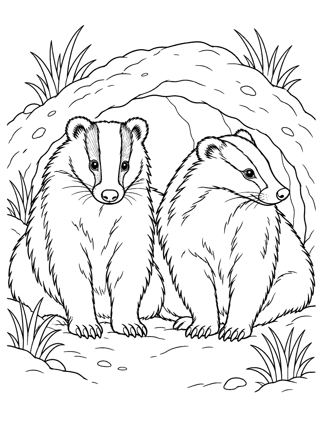 Two adult European badgers with striped faces sitting together at a burrow entrance, surrounded by grass tufts.