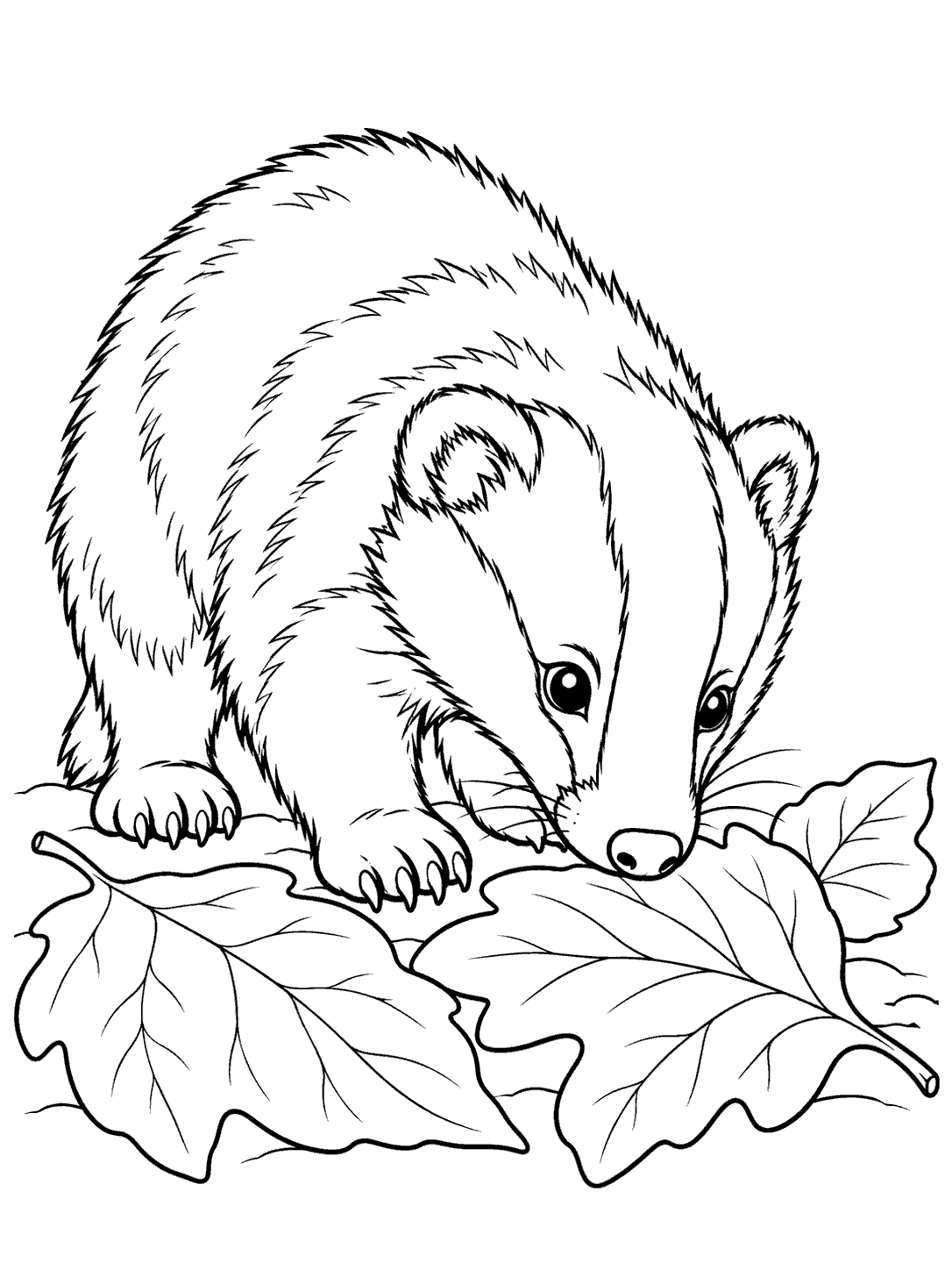 A round young badger cub with striped face sniffing several large leaves.