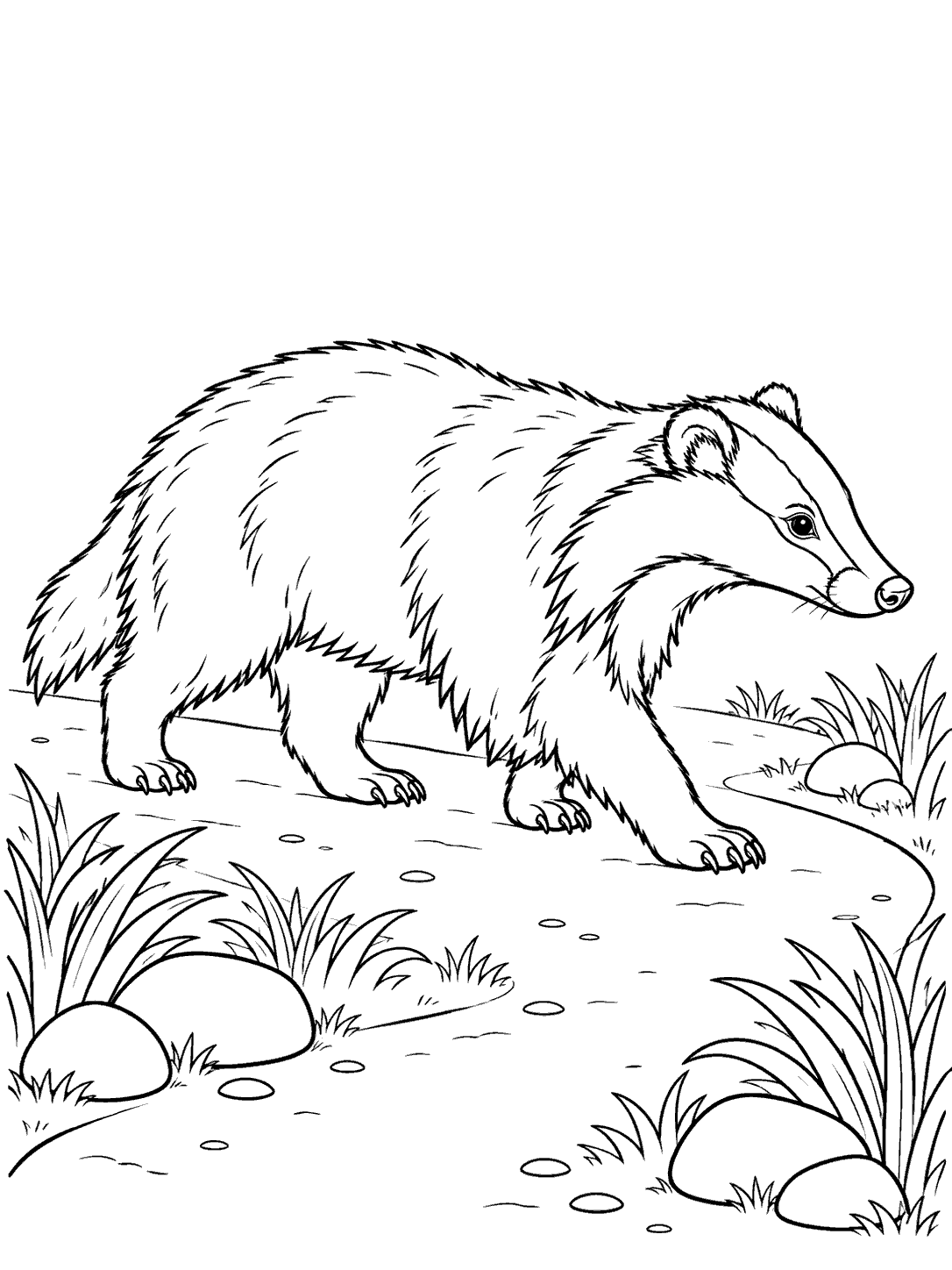 European badger walking in profile along a woodland path with grass and stones