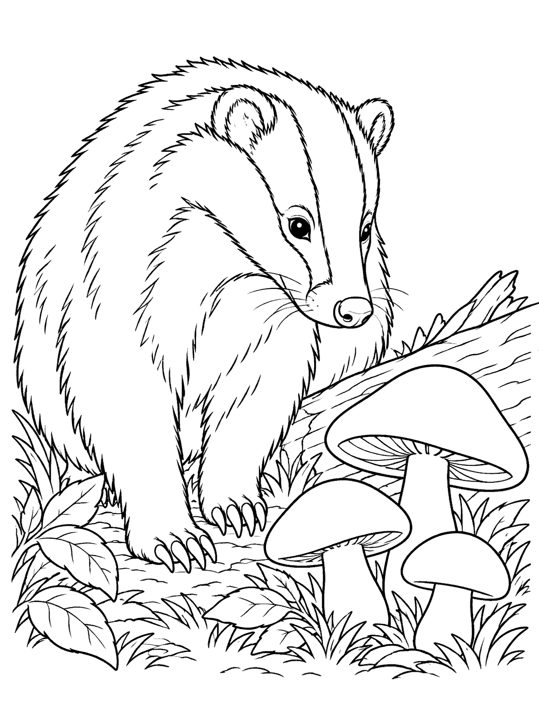 A striped-face badger beside a log and three large mushrooms, drawn in black outlines.