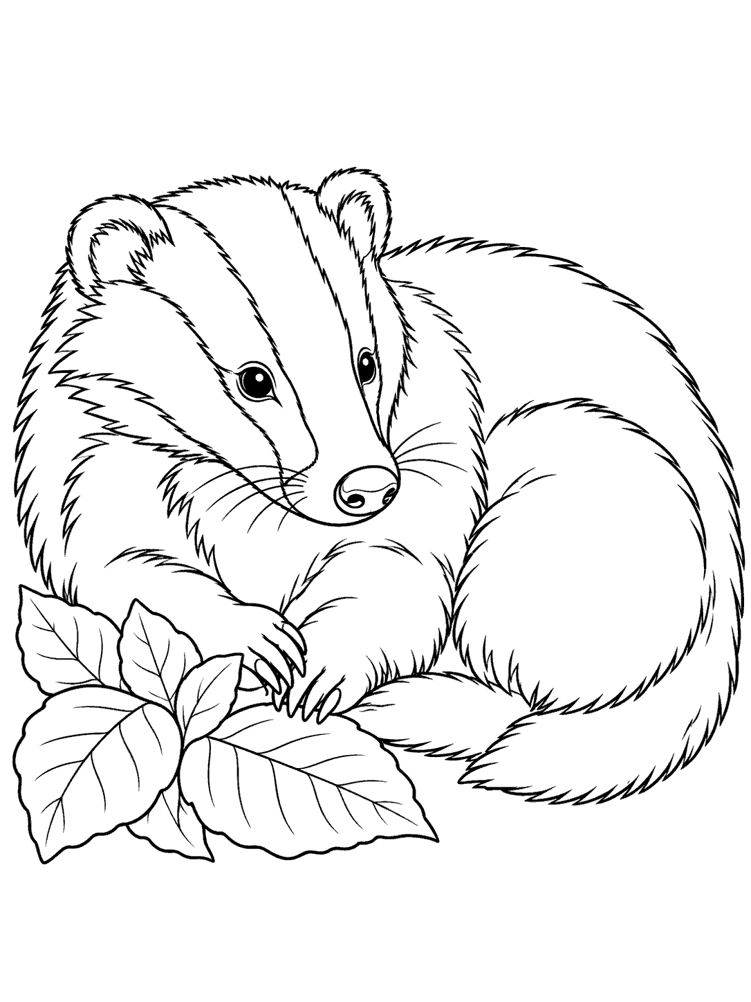 Resting badger curled beside leaves