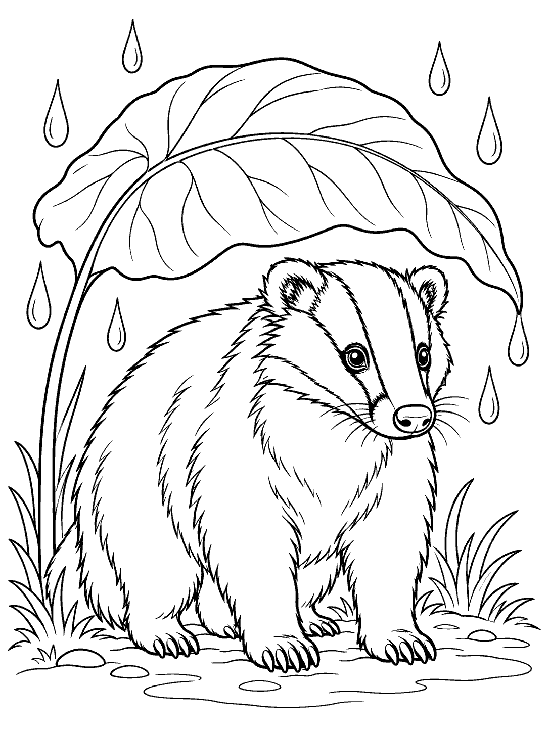 Badger standing beneath an oversized leaf as raindrops fall around it