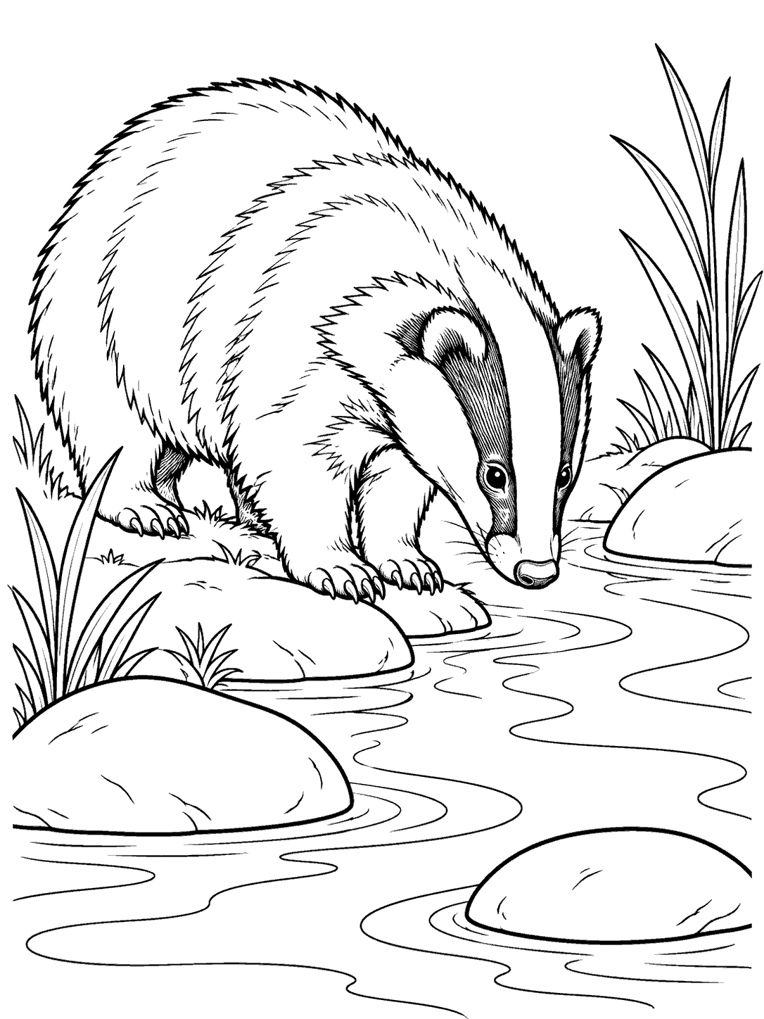 A European badger with a striped face drinks at a gently flowing stream among smooth stones and reeds.