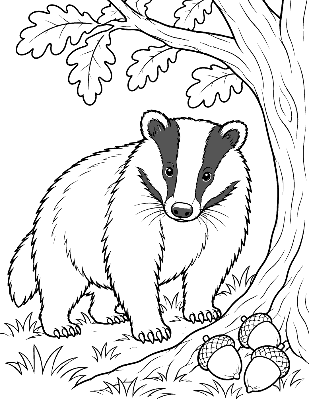 A fully visible striped badger beneath an oak tree, with three acorns by the roots.