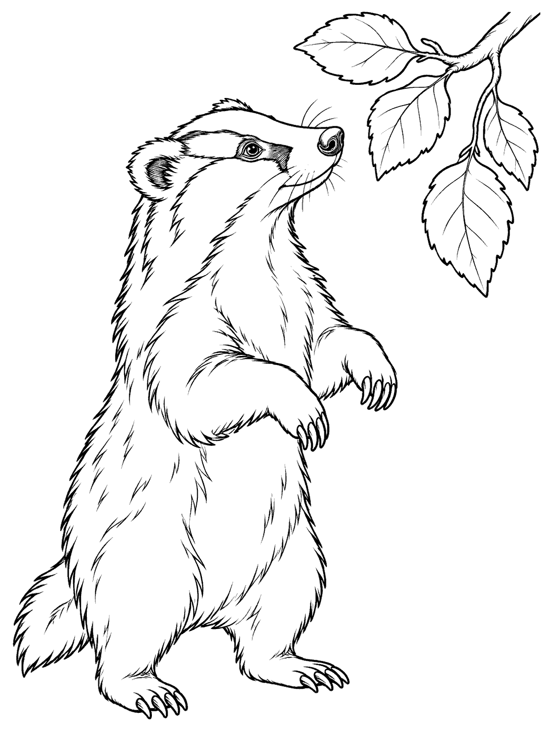 A striped badger standing upright and gazing at a leafy branch