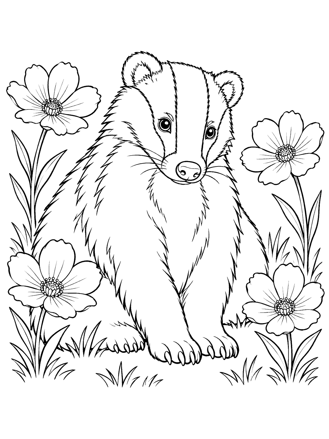 Seated striped-face badger among four large wildflowers and grass tufts