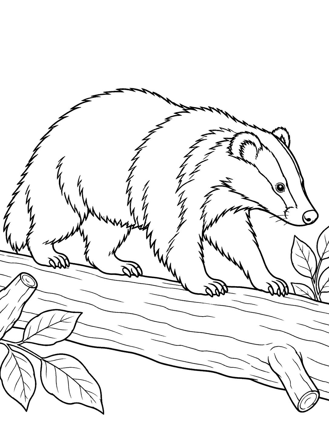 A striped European badger walking along a fallen log among a few leaves and branch stubs.