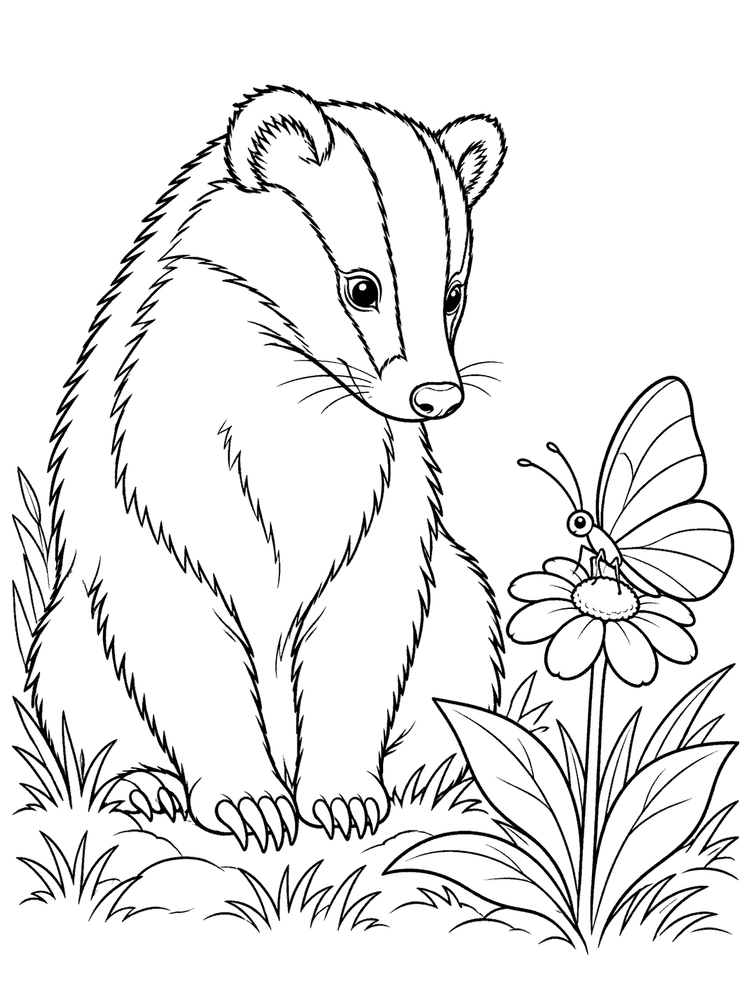 Seated badger looking toward a butterfly perched on a flower