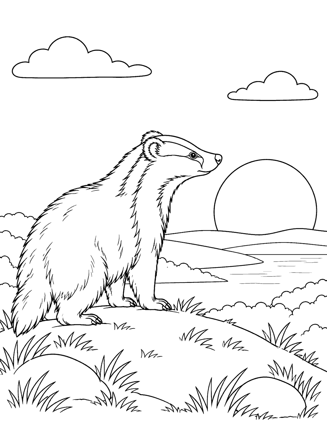 European badger facing a large setting sun beneath two outlined clouds, with hills, grass, and shrubs.